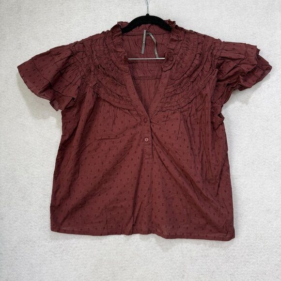 Anthropologie Shirt Womens Small Petite Burgundy Ruffle Swiss Dot Boho Flutter - Picture 1 of 8